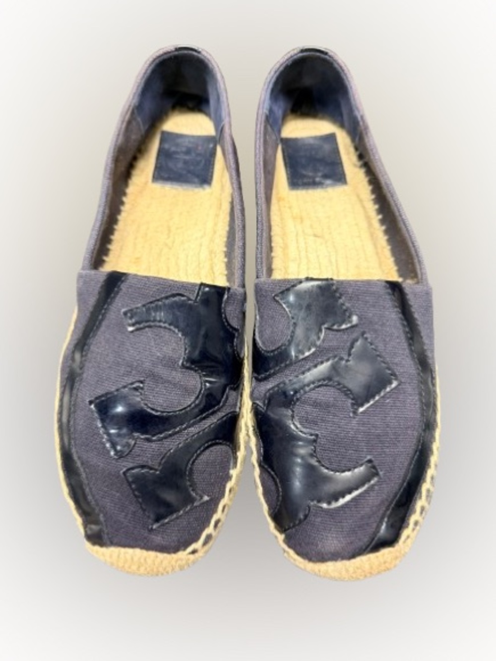 Tory Burch Navy Canvas Patent Logo Espadrille Flats Shoes Size 8.5